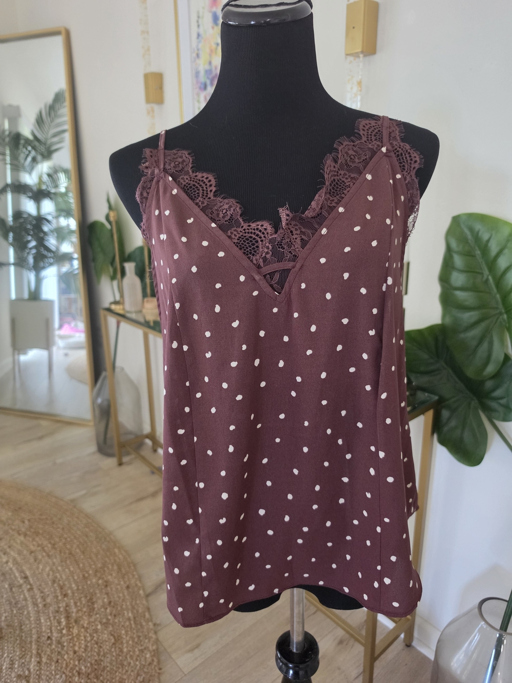 Lace-Trim Polka Dot Cami Tank Top - Brown